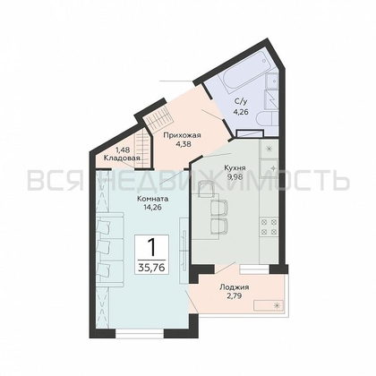 1-комнатная квартира, 35.76кв.м - изображение