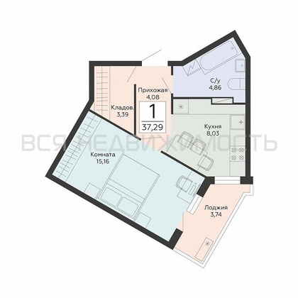 1-комнатная квартира, 37.29кв.м - изображение