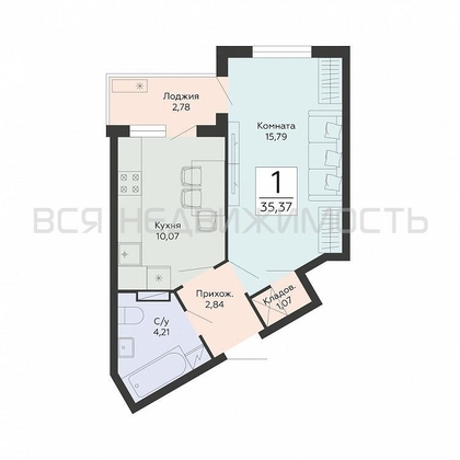 1-комнатная квартира, 35.37кв.м - изображение