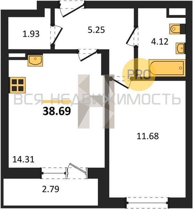 1-комнатная квартира, 38.69кв.м - изображение