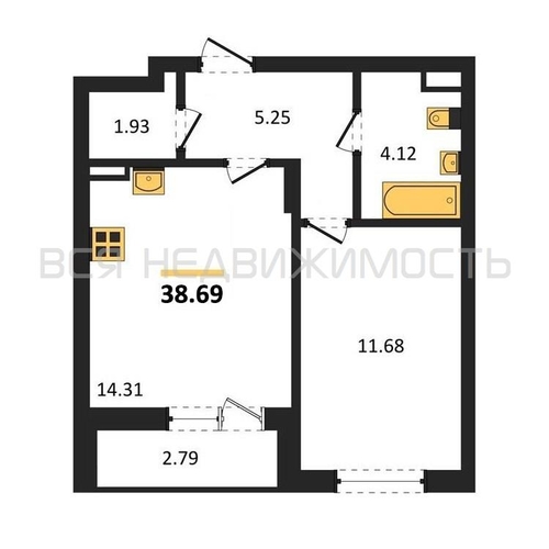1-комнатная квартира, 38.69кв.м - изображение 0