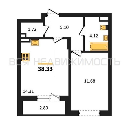 1-комнатная квартира, 38.33кв.м - изображение