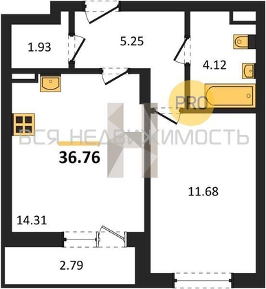 1-комнатная квартира, 36.76кв.м - изображение