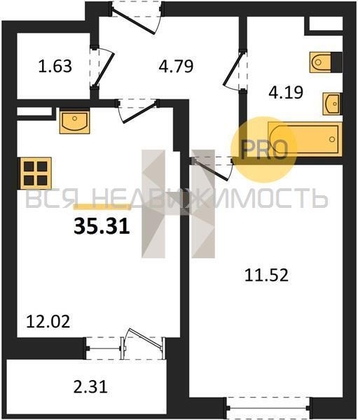 1-комнатная квартира, 35.31кв.м - изображение