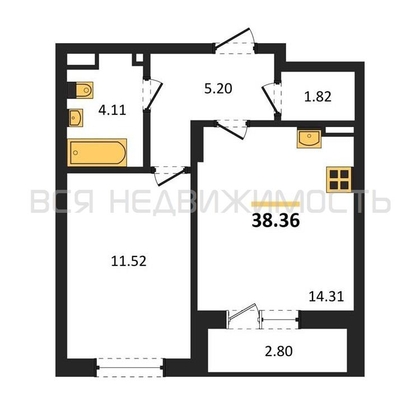 1-комнатная квартира, 38.36кв.м - изображение