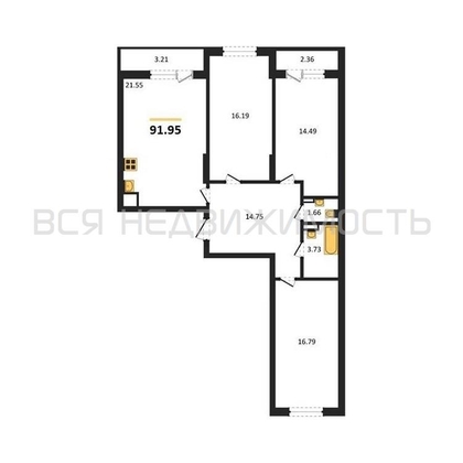 3-комнатная квартира, 91.95кв.м - изображение
