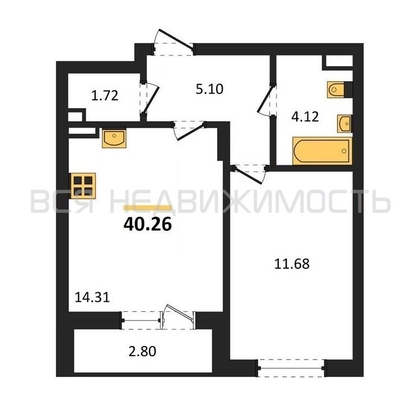 1-комнатная квартира, 40.26кв.м - изображение