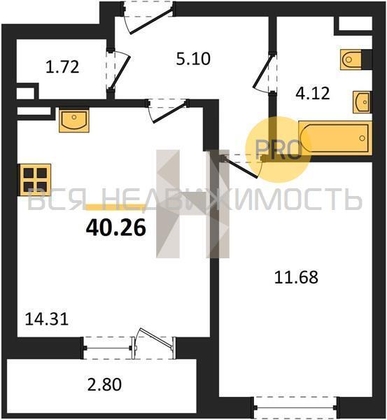 1-комнатная квартира, 40.26кв.м - изображение