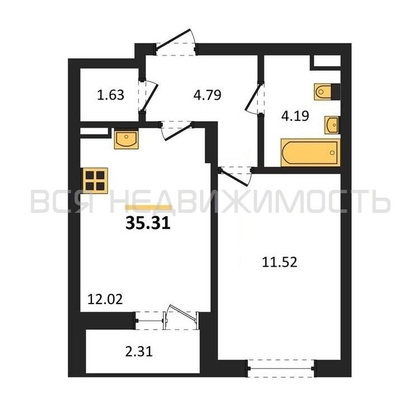 1-комнатная квартира, 35.31кв.м - изображение