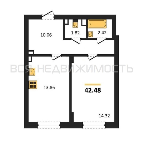 1-комнатная квартира, 42.48кв.м - изображение 0