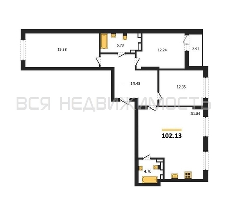 3-комнатная квартира, 102.13кв.м - изображение