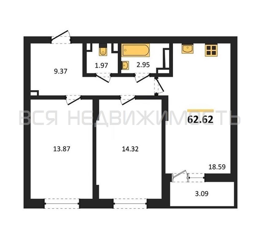 2-комнатная квартира, 62.62кв.м - изображение 0