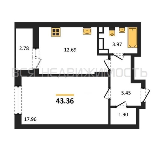 1-комнатная квартира, 43.36кв.м - изображение 0