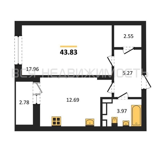 1-комнатная квартира, 43.83кв.м - изображение 0