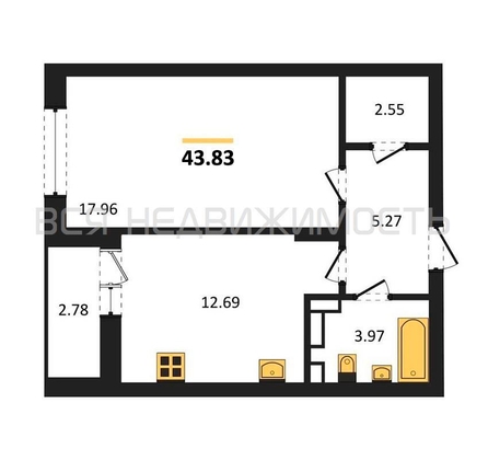 1-комнатная квартира, 43.83кв.м - изображение
