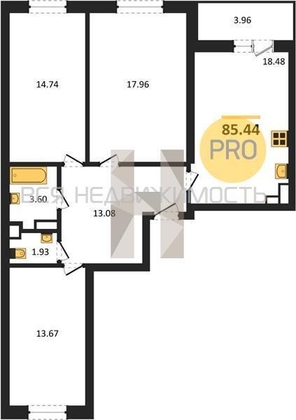 3-комнатная квартира, 85.44кв.м - изображение
