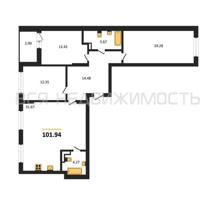 3-комнатная квартира, 101.94кв.м - изображение