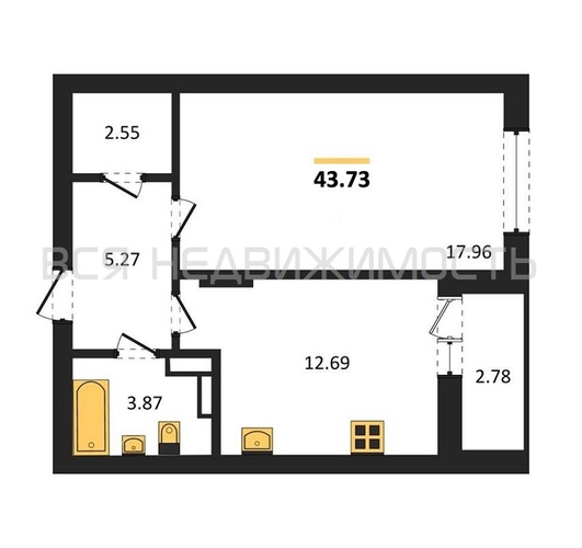 1-комнатная квартира, 43.73кв.м - изображение 0