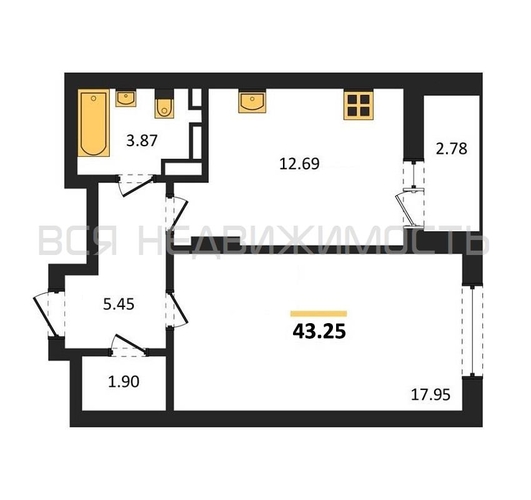 1-комнатная квартира, 43.25кв.м - изображение 0