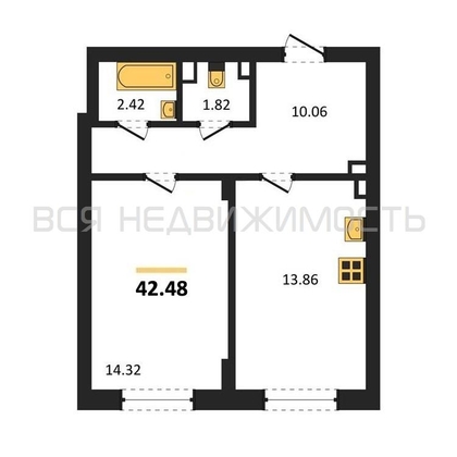 1-комнатная квартира, 42.48кв.м - изображение