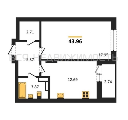 1-комнатная квартира, 43.96кв.м - изображение