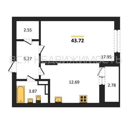1-комнатная квартира, 43.72кв.м - изображение