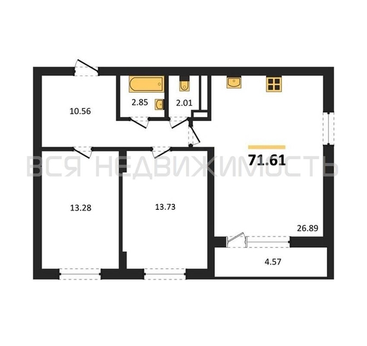 2-комнатная квартира, 71.61кв.м - изображение 0