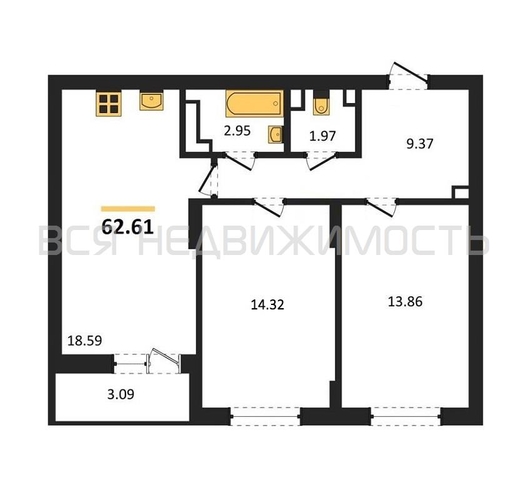 2-комнатная квартира, 62.61кв.м - изображение 0