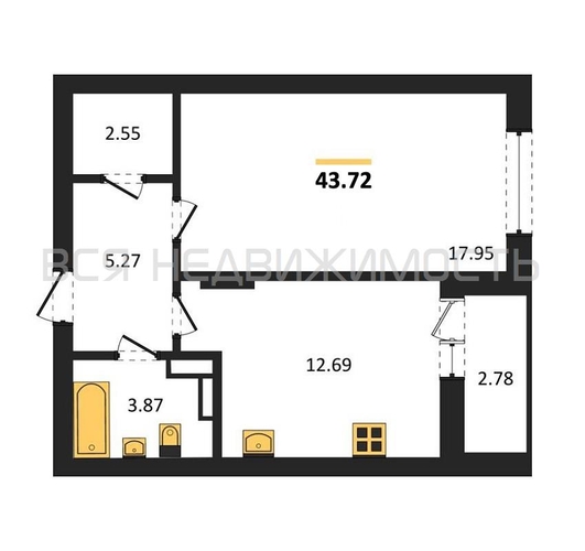 1-комнатная квартира, 43.72кв.м - изображение 0