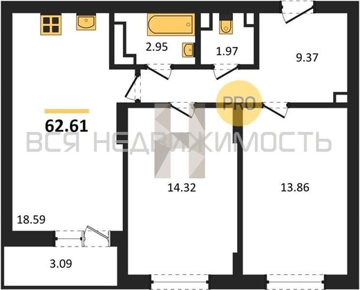 2-комнатная квартира, 62.61кв.м - изображение