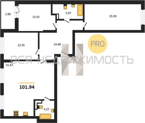 3-комнатная квартира, 101.94кв.м - изображение