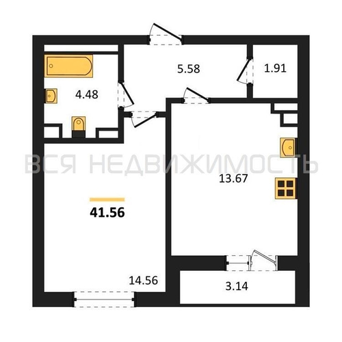 1-комнатная квартира, 41.56кв.м - изображение 0