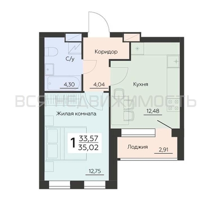 1-комнатная квартира, 35.02кв.м - изображение