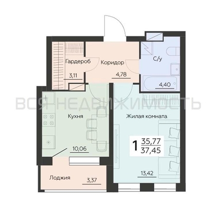 1-комнатная квартира, 37.45кв.м - изображение