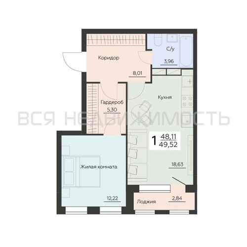 1-комнатная квартира, 49.52кв.м - изображение 0