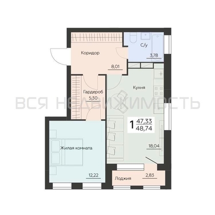 1-комнатная квартира, 48.74кв.м - изображение