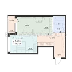 1-комнатная квартира, 56.09кв.м - изображение 1