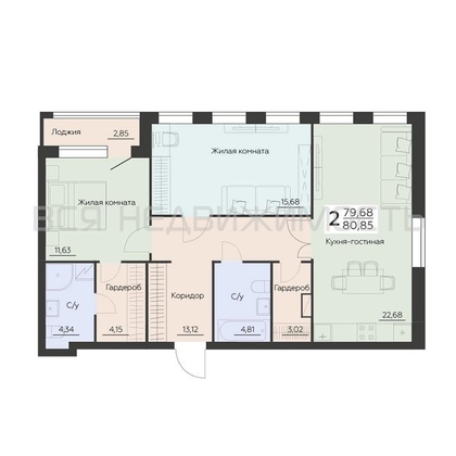 2-комнатная квартира, 80.85кв.м - изображение