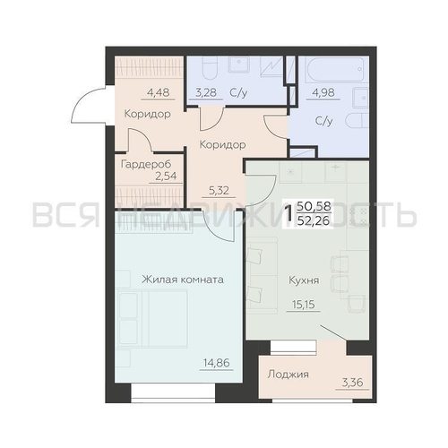 1-комнатная квартира, 52.26кв.м - изображение 0
