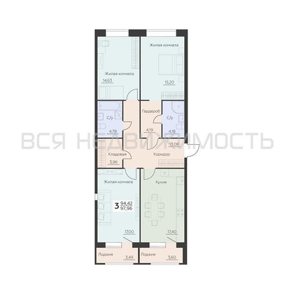 3-комнатная квартира, 97.96кв.м - изображение