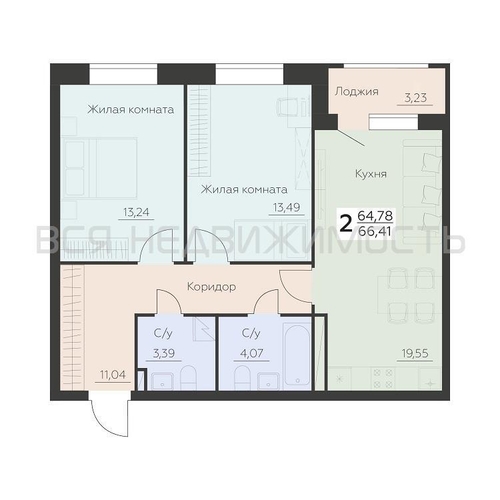 2-комнатная квартира, 66.41кв.м - изображение 0