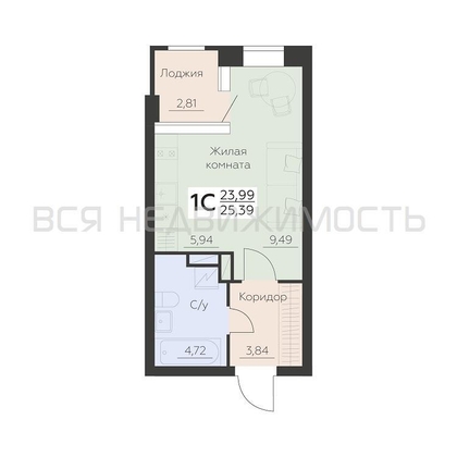 квартира-студия, 25,39кв.м. - изображение