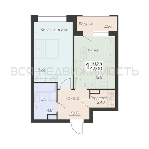 1-комнатная квартира, 42кв.м - изображение 0