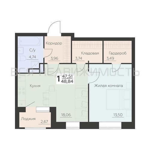 1-комнатная квартира, 48.84кв.м - изображение 0
