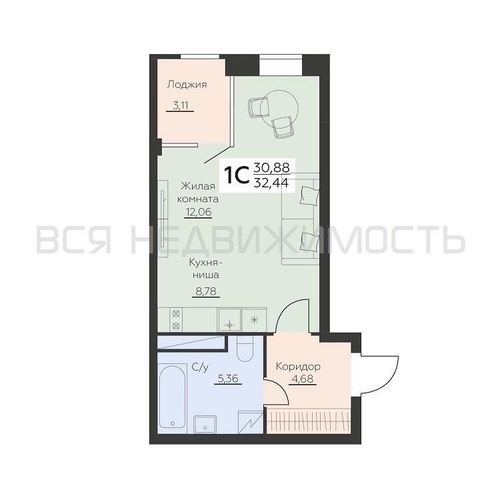 квартира-студия, 32,44кв.м. - изображение 0