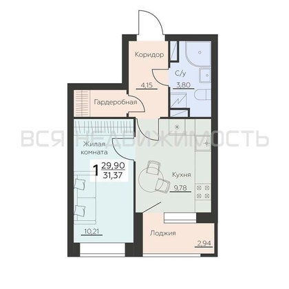 1-комнатная квартира, 31.37кв.м - изображение