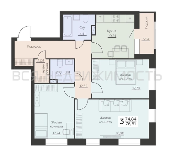 3-комнатная квартира, 76.61кв.м - изображение 0