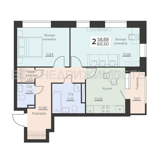 2-комнатная квартира, 60.5кв.м - изображение 0
