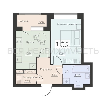 1-комнатная квартира, 36.23кв.м - изображение