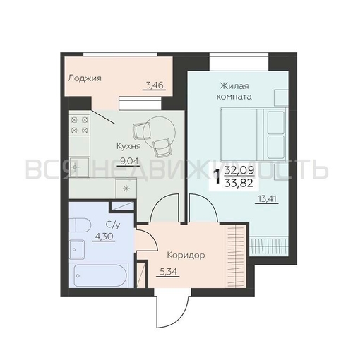 1-комнатная квартира, 33.82кв.м - изображение 0